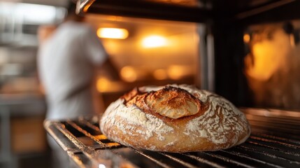 Freshly baked artisan bread cooling in a warm bakery with a baker preparing in the background