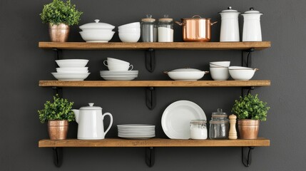 Modern Kitchen Shelves with White Dishes and Copper Cookware Display
