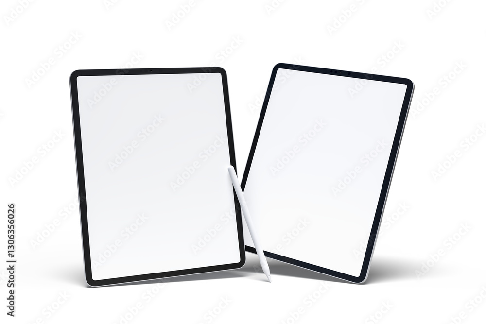 Poster realistic modern tablet and pencil digital device mockup front view with blank screen and shadow iso