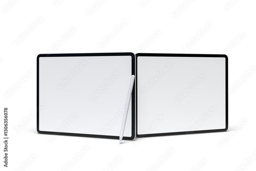 Poster realistic modern tablet and pencil digital device mockup front view with blank screen and shadow iso