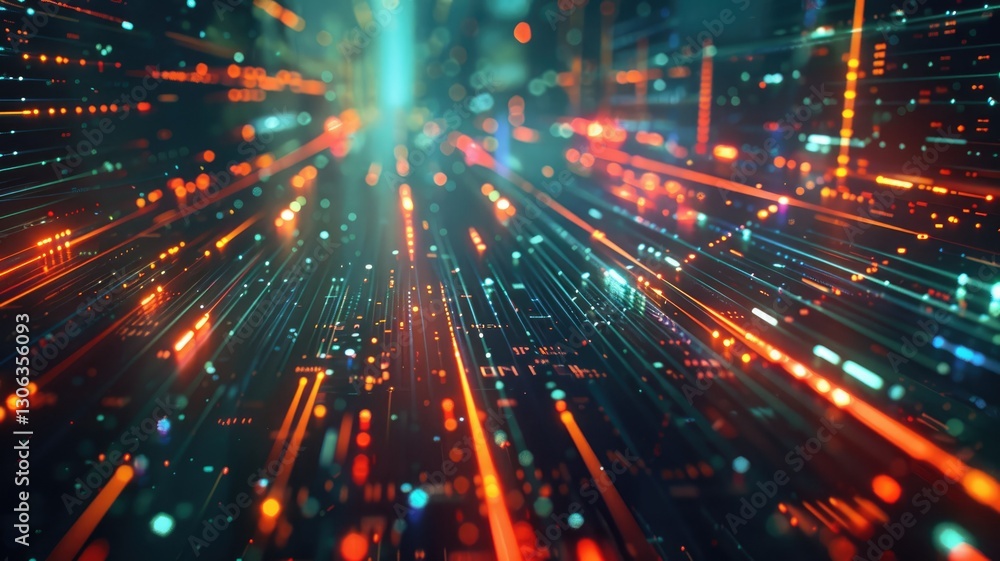 Poster abstract depiction of a digital network with blue and red lights. digital artwork of glowing red ele