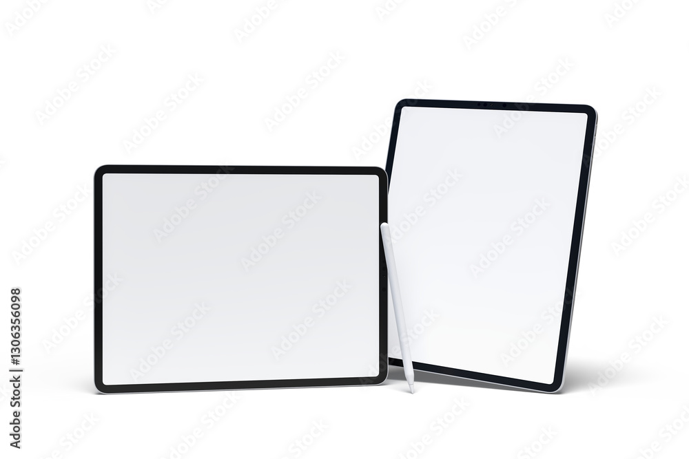 Poster realistic modern tablet and pencil digital device mockup front view with blank screen and shadow iso