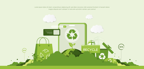 Fototapeta premium Recycle, save the world and energy concept, green energy, sustainable environment, environmental conservation, renewable energy, clean energy, zero waste, green paper and vector illustration