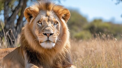 Majestic lion resting in African savanna