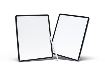Realistic modern tablet and pencil digital device mockup front view with blank screen and shadow isolated on background. Technology empty display template for ui, ux, app and website presentation