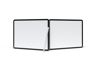 Realistic modern tablet and pencil digital device mockup front view with blank screen and shadow isolated on background. Technology empty display template for ui, ux, app and website presentation