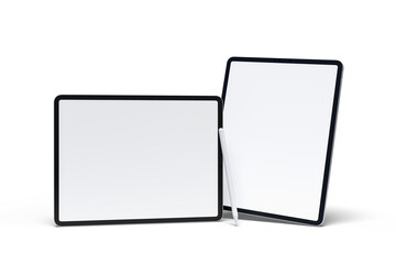 Realistic modern tablet and pencil digital device mockup front view with blank screen and shadow isolated on background. Technology empty display template for ui, ux, app and website presentation