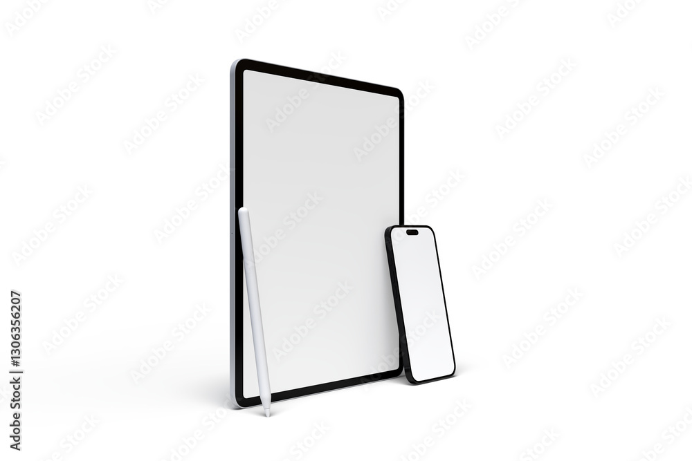 Poster realistic modern tablet, pencil and smartphone digital device mockup front view with blank screen is