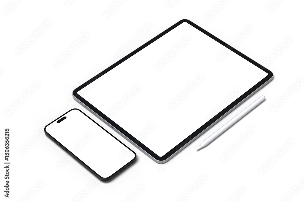 Poster realistic modern tablet, pencil and smartphone digital device mockup front view with blank screen is