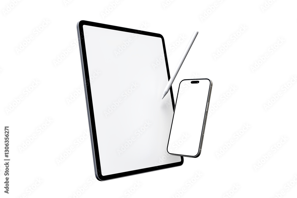 Poster realistic modern tablet, pencil and smartphone digital device mockup front view with blank screen is
