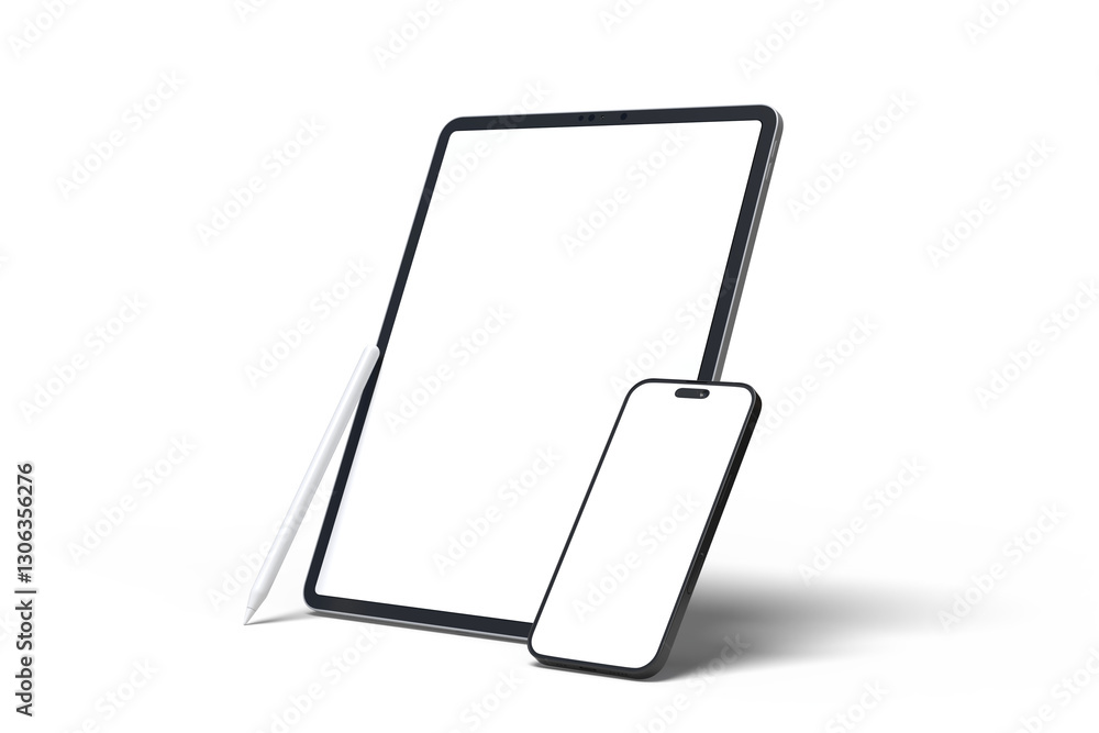 Poster realistic modern tablet, pencil and smartphone digital device mockup front view with blank screen is