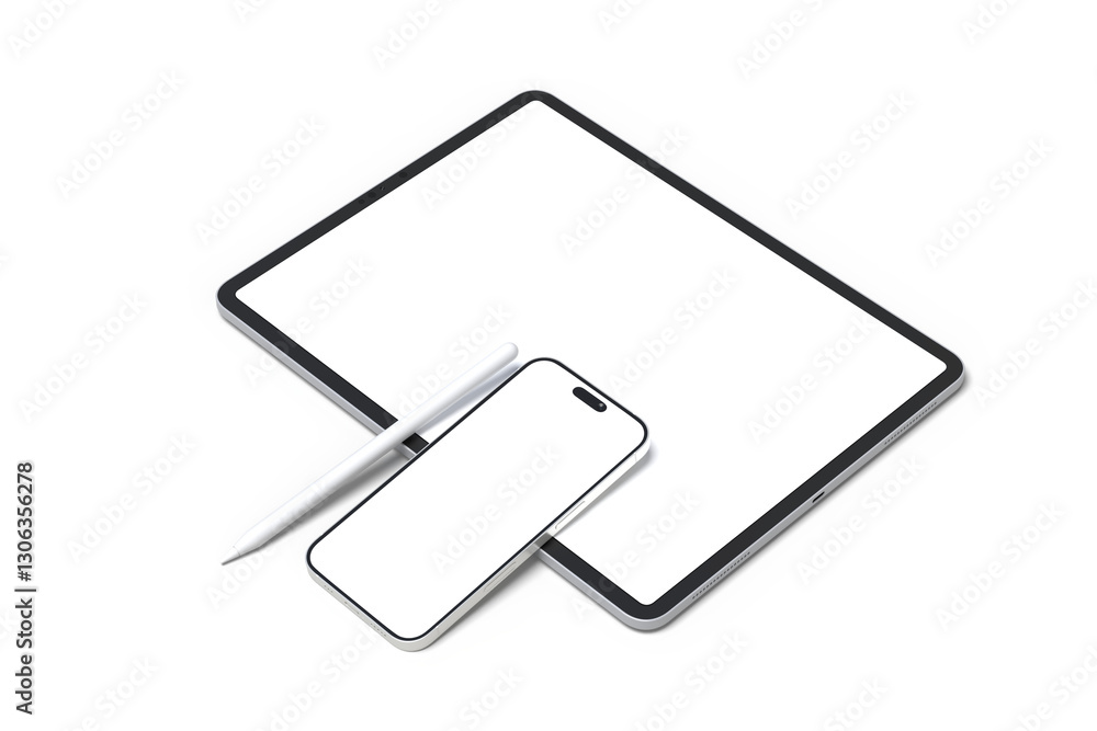 Poster realistic modern tablet, pencil and smartphone digital device mockup front view with blank screen is