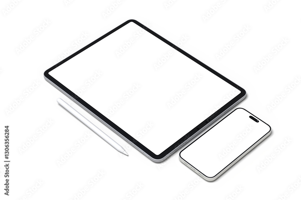 Poster realistic modern tablet, pencil and smartphone digital device mockup front view with blank screen is