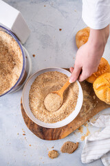 Making homemade panko and breadcrumbs from leftover bread and buns, zero waste concept
