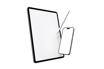 Realistic modern tablet, pencil and smartphone digital device mockup front view with blank screen isolated on background. Technology empty display template for ui, ux, app and website presentation