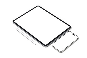 Realistic modern tablet, pencil and smartphone digital device mockup front view with blank screen isolated on background. Technology empty display template for ui, ux, app and website presentation