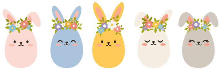 Set of cute Easter eggs with bunny ears and flower wreath. Great for cards, banners, wallpapers, invitations, covers. Flat vector illustration isolated on white background.
