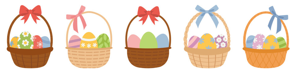 Set of straw Easter wicker baskets with painted decorative eggs and gift ribbon bows. Colorful eggs in brown picnic basket with handle. Flat vector illustration isolated on transparent background.