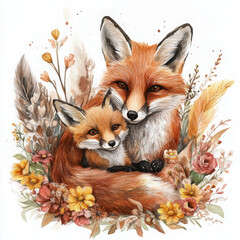 Obraz premium mother fox and her cub surrounded by colorful flowers and foliage