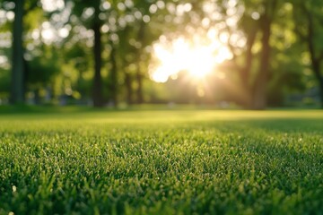Beautiful green grass in the park at sunset, blurred background, close-up of the foreground, depth of field.
