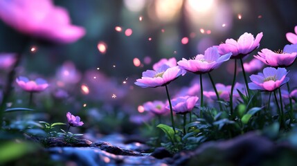 Magical pink flowers stream, forest sunset