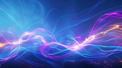 Obraz premium Abstract digital wave patterns with sparkles and bokeh. Digital artwork of pastel gradient purple and blue wave. Futuristic background with blue and purple hues. Background for wallpaper. AIG53.