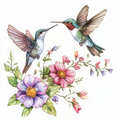 Beautiful hummingbirds surrounded by colorful flowers in vibrant illustration