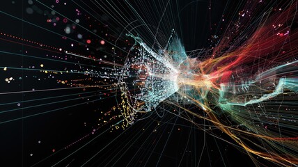 Abstract picture micro particle in geometric shape represent data flow. Vivid flowing object with high tech fractal, create digital effect scene perfect for energetic, fantasy wallpaper design. AIG53.