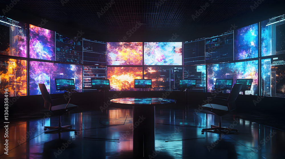 Poster digital brainstorming session futuristic design room photo stock virtual environment wide angle view