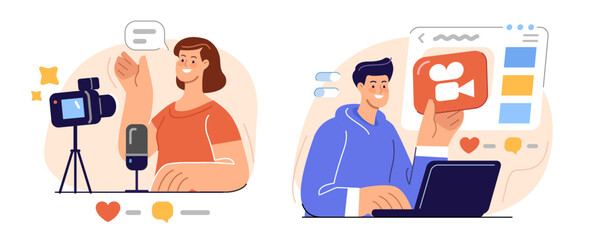 Young woman blogger recording on vlog camera for her video blog. Live stream, streaming podcast. Social media concept