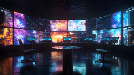 Digital brainstorming session futuristic design room photo stock virtual environment wide angle view creative innovation