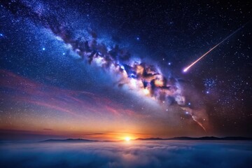 Fototapeta premium A Celestial Symphony Shooting Star Streaking Across a Vibrant Milky Way Galaxy Above a Misty Sunrise