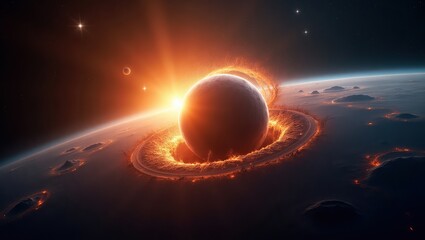 An awe-inspiring portrayal of a celestial body hit by a crater, highlighting cosmic forces and the grandeur of extraordinary geological and celestial events.