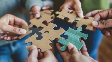 People connecting jigsaw show connection for business in teamwork concept. Friendly atmosphere for strategy management. Working of company team under cooperation together work for organization. AIG53.
