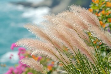 Beach grass on the beach with ocean waves in the background, close-up.