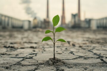 environmental protection pollution reforestation, A small green plant grows from cracked earth, symbolizing resilience against industrial decay.