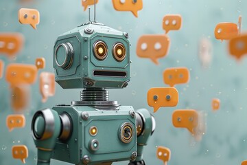 Fototapeta premium Artificial intelligence chatbot theory,&nbsp;an ecologic robot with a mechanical feel encircled by conversation signs, Generative AI.