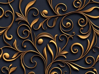 A decorative pattern featuring intricate gold swirls and leaves on a dark background, creating an elegant and luxurious design.