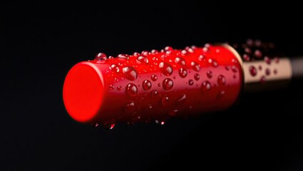 This ultra-high-res stock photo captures a fire-engine red lipstick adorned with tiny water droplets, glowing against a sleek black backdrop, highlighting its bold, sophisticated beauty.