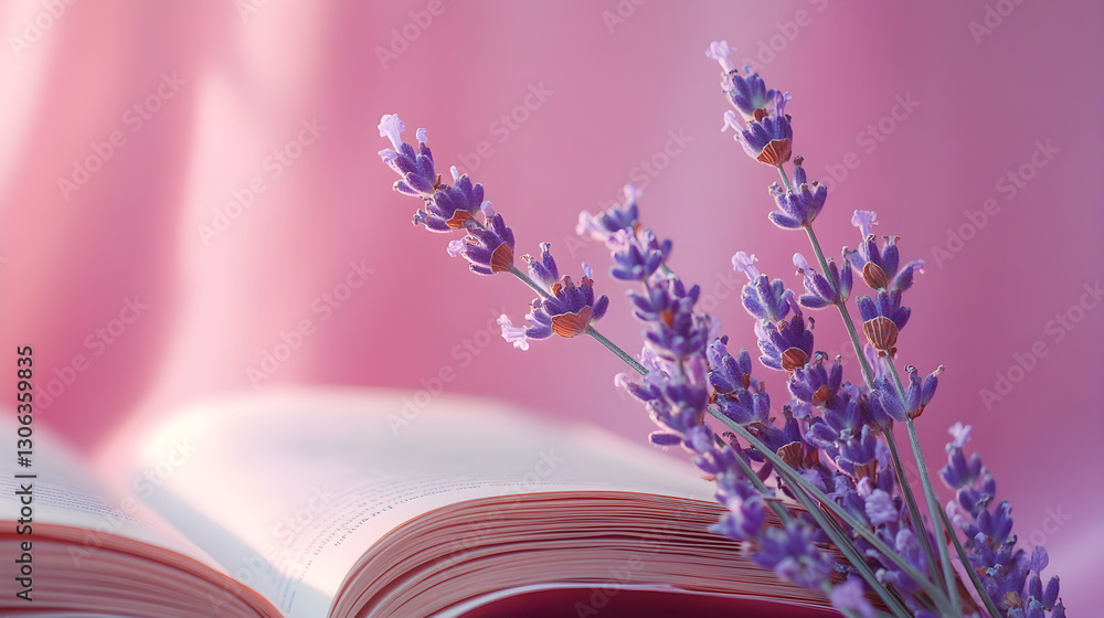 Poster blush pink background with an open book and a sprig of lavender on the side