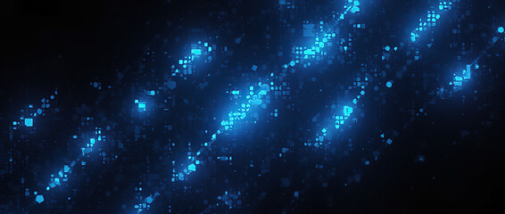 Fototapeta premium A striking blend of blue pixel energy, where retro-style brick squares move fluidly on a black background, creating a nostalgic yet futuristic digital atmosphere.