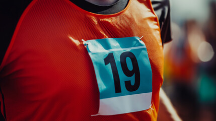 A close-up of a marathon runner's bib number pinned to an orange sports shirt, symbolizing competition and endurance.