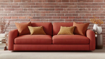 Cozy Modern Sofa Against Rustic Brick Wall with Decorative Pillows
