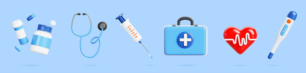 3d medical icon, doctor equipment and pharmacy. First aid medicine bag, stethoscope, thermometer, syringe, bottle with pill and drug, heart beat. Ambulance service, cartoon render set. 3D illustration