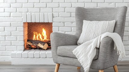 Fototapeta premium Cozy Living Room with Stylish Armchair and Warm Fireplace Glow