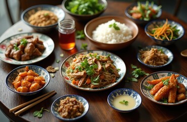 Close view traditional vietnamese food set with chicken, pork, rice. Asian assorted lunch meal decorated on dark wooden table. Focus on gourmet balanced diet. Healthy eating concept Asian cuisine.