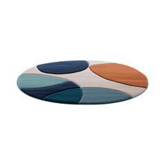 A vibrant, oval rug featuring a modern design with colorful abstract shapes in blue, teal, and orange hues.