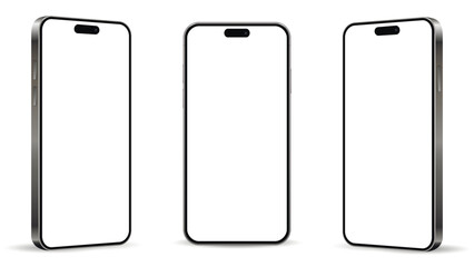 Realistic smartphone mockup from angled view. Mobile phone isolated on white background.