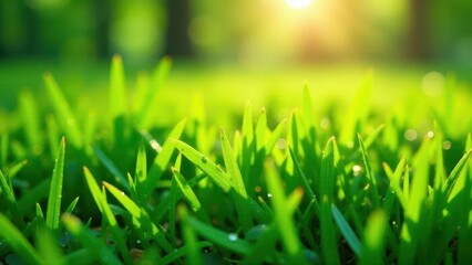 Fototapeta premium Vibrant Green Blades of Grass Illuminated by Warm Sunlight in a Lush Meadow