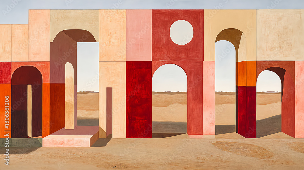 Poster artistic architectural structures in desert landscape abstract design modern environment wide-angle 